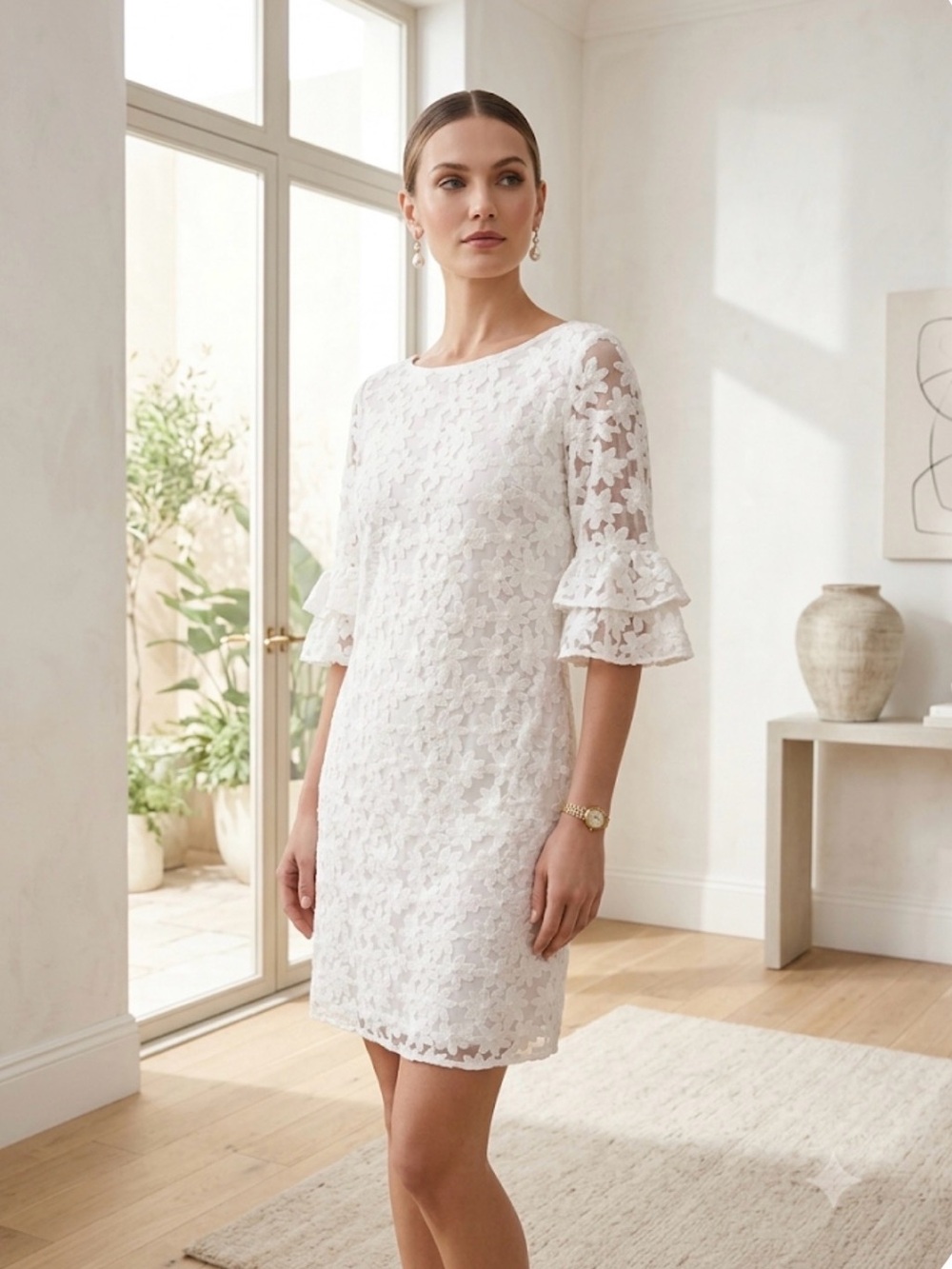 Jessica Howard Ivory Floral Lace Midi Dress with Ruffle Sleeves